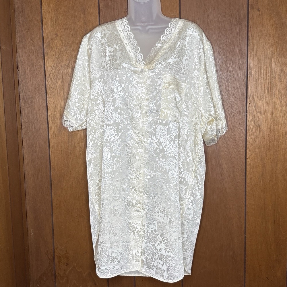 Elizabeth Lauren Womens L Ivory Satin Jacquard Nightgown Lace Trim Coquette Y2K